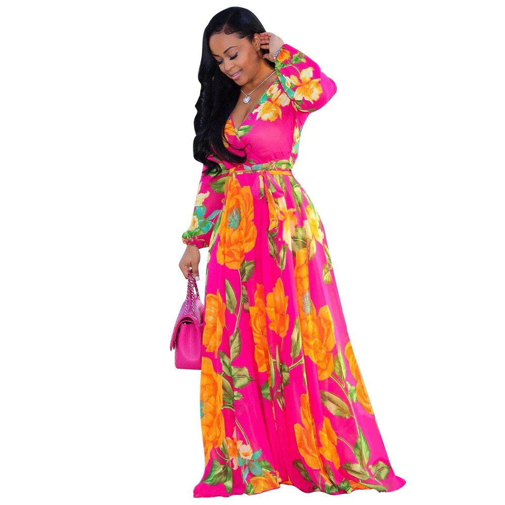 Women clothing stylish chiffon v-neck floral printed maxi plus size dress with waist belt