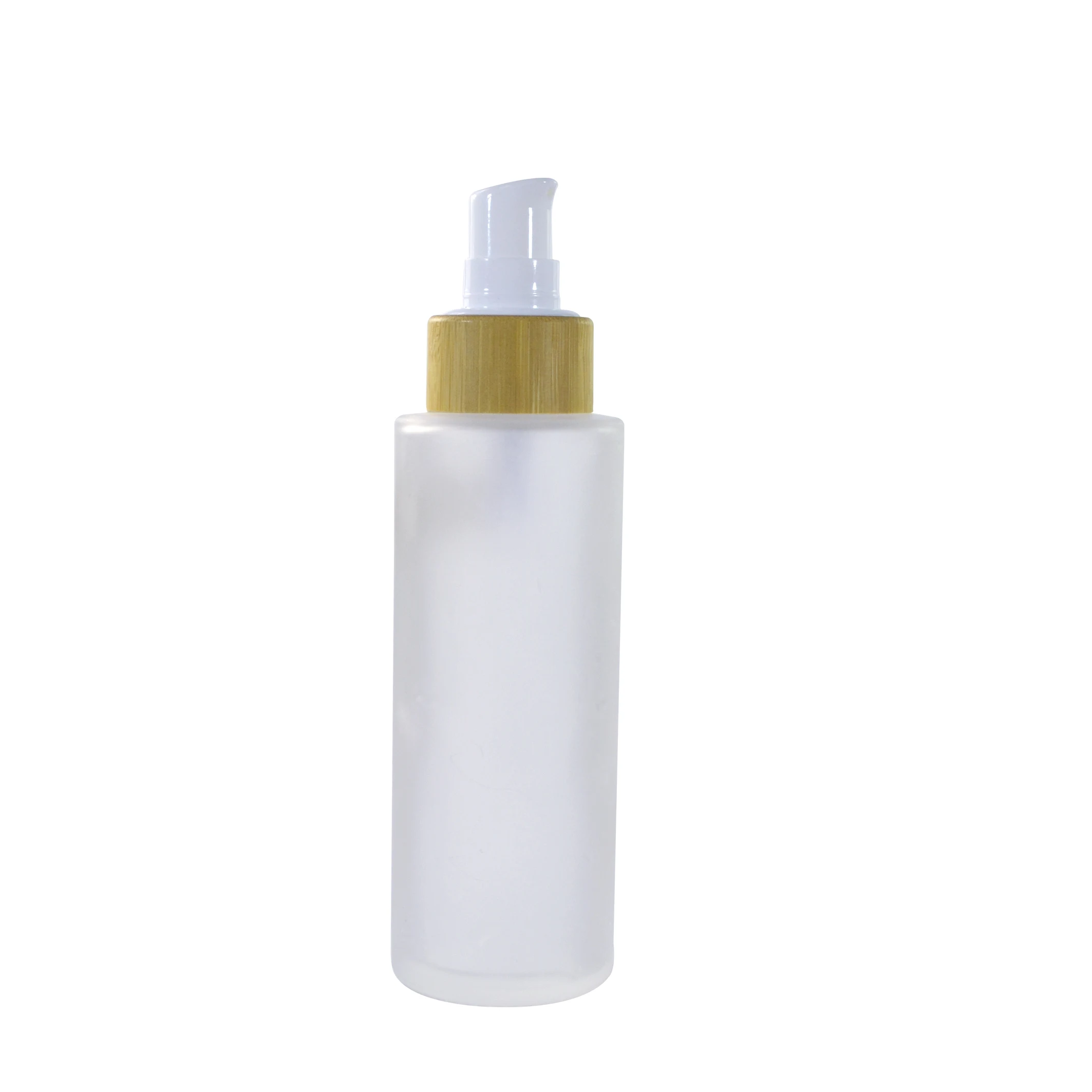 Hot selling 30ml 50ml 100ml 120ml 150ml cosmetic frosted glass bottle with bamboo spray pump lotion cap