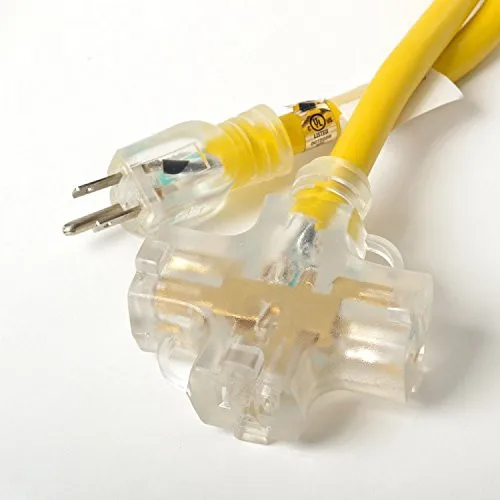 Heavy-duty 100FT 10 Gauge 3 Prong Triple Tap Yellow Extension Cord with Indicator Light