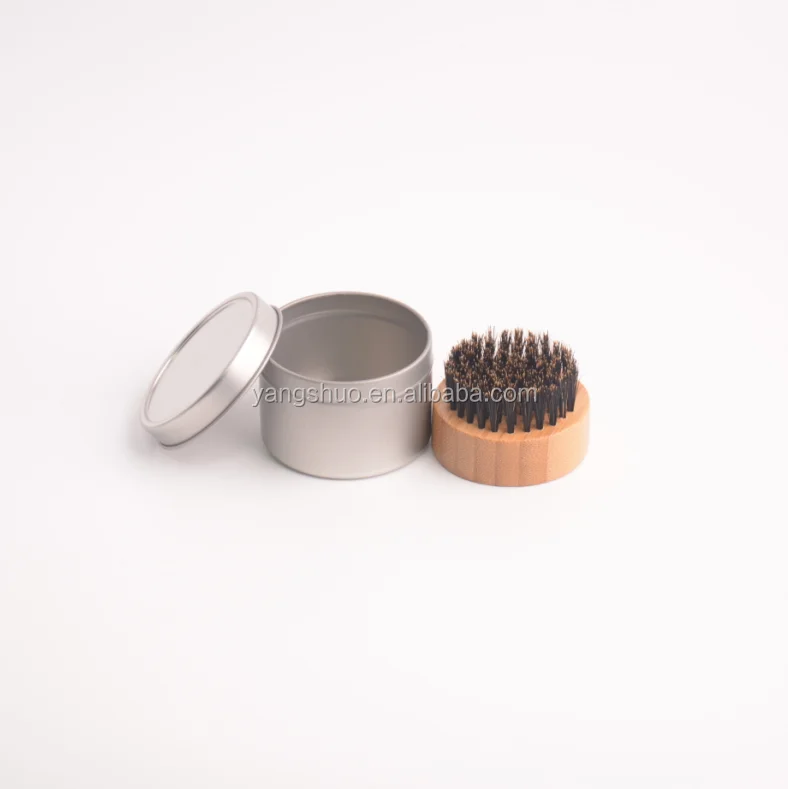 Round Bamboo beard oil brush wholesale with tin box pack for man grooming
