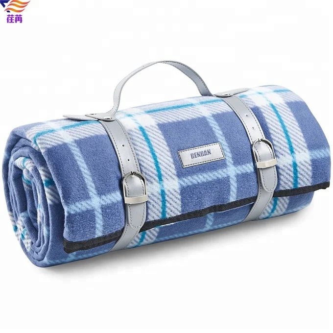 Large soft fleece waterproof lining picnic blanket with handle