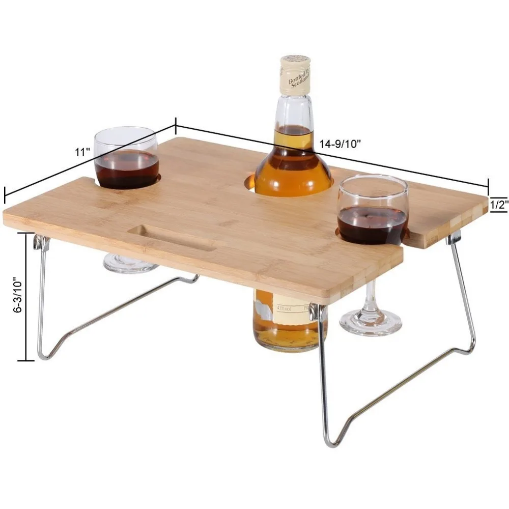 Bamboo Portable and Folding Wine and Snack Table for Picnic Outdoor on the Beach Park or Indoor Bed
