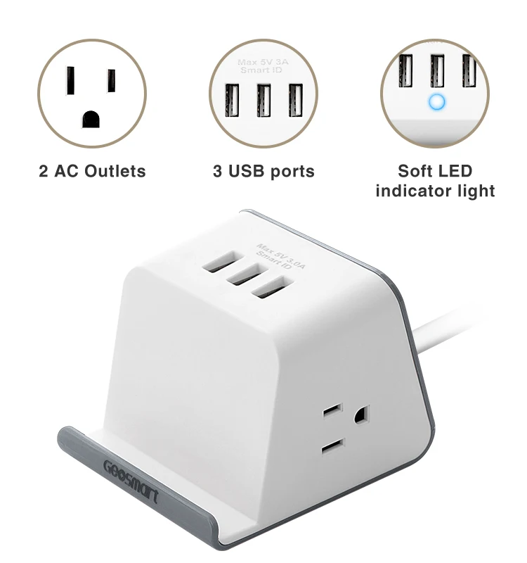 Сетевой фильтр для дома, офиса, отеля, стандарта США 10 А FCC, 2 розетки переменного тока, 3 порта Usb, с USB и держателем для телефона