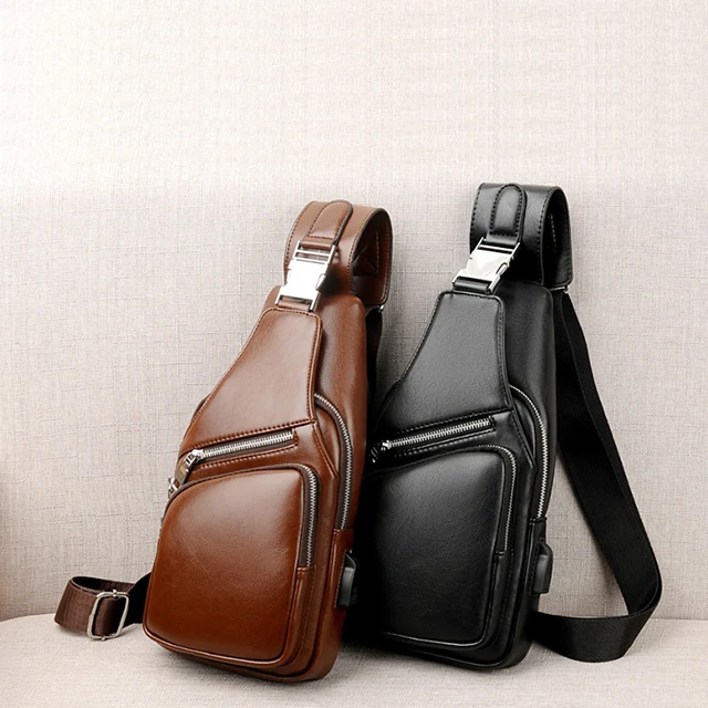 Мужская нагрудная сумка из пу кожи, модный повседневный мессенджер с USB-разъемом для зарядки