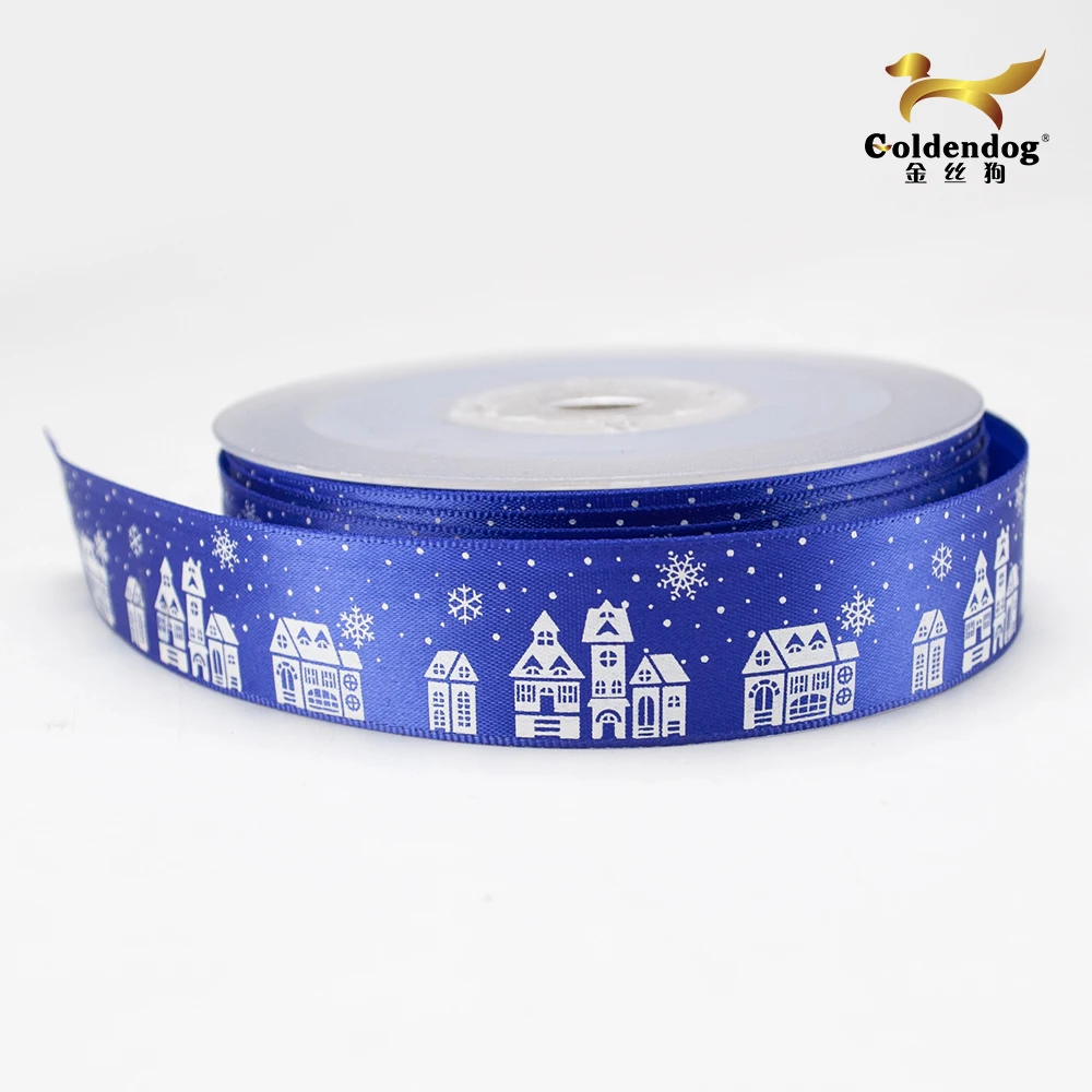 Wholesale blue and black 22mm(7/8 inch) christmas holiday silk printed satin celebrate it ribbon
