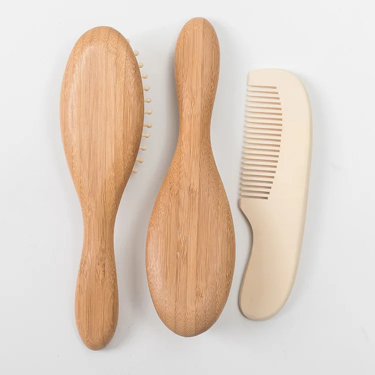 Factory Custom 100% Natural Wood Beech Newborn Baby Hair Soft Fleece Brush Comb Set