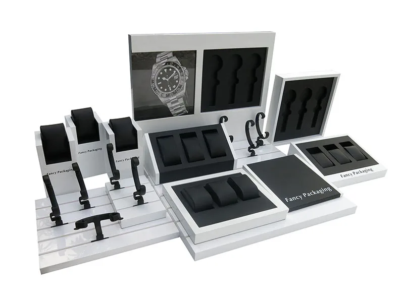 Luxury watch display sets, C clips and pillows display holders new design custom logo wood watch display stand