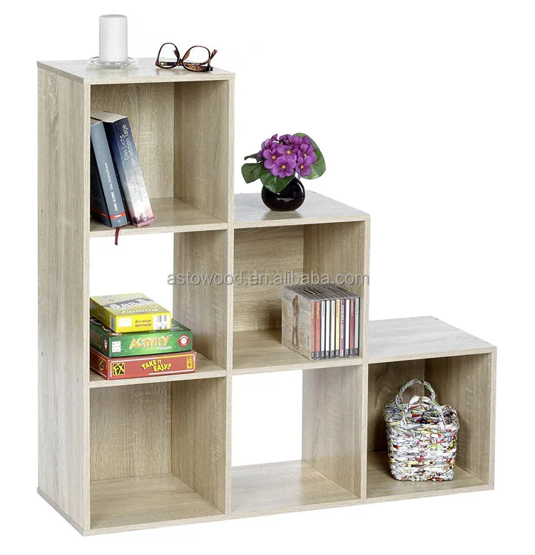 new design Step Bookshelf for CD 6 Shelves Storage Oak color