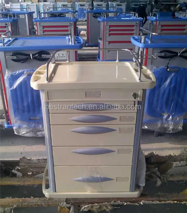 China BT-EY003 Hospital medical ABS plastic emergency trolley, resuscitation cart 5 drawers CPR board price
