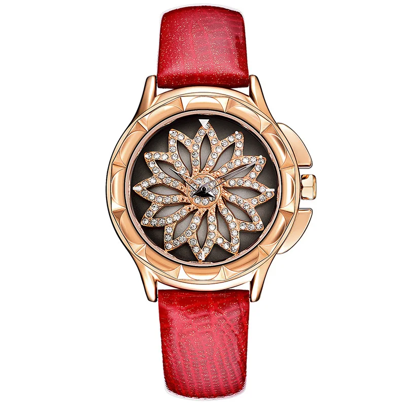 Jewelry Inlay Flower Quartz Girls Women Leather Band Watch Lady Dress Wristwatch