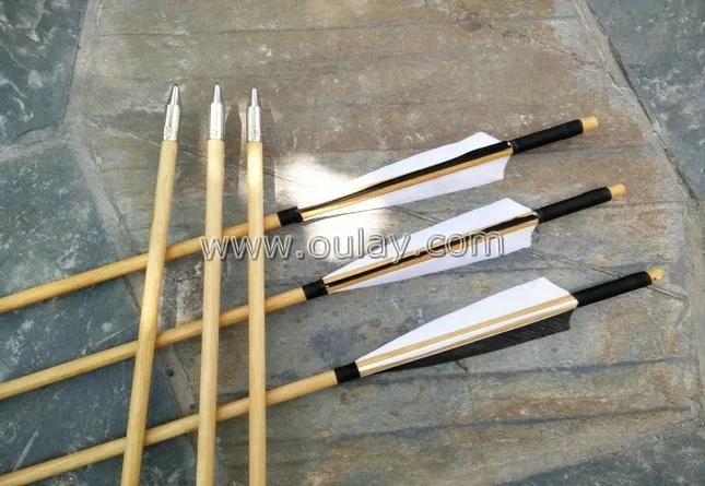 hunting wood arrows handmade wooden arrow shafts white and black plain feathers silver arrow tips archery traditional  hunting