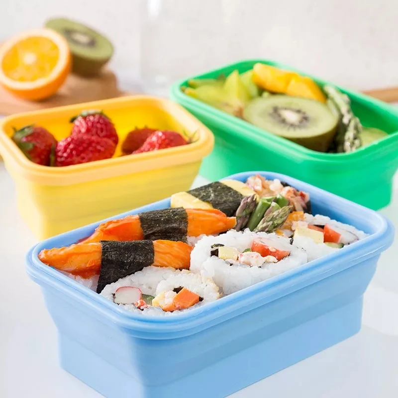 Bpa free food grade 4PCS Silicone Foldable bento box Collapsible Lunch Box Set Folding Food Storage Container