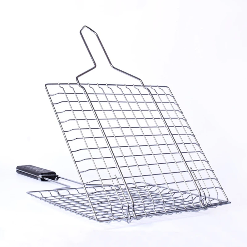 Stainless Steel Barbecue Net Grilled Fish Clip High Temperature Resistance Wooden Handle Thickened Bold Plating Toast Clamp h4