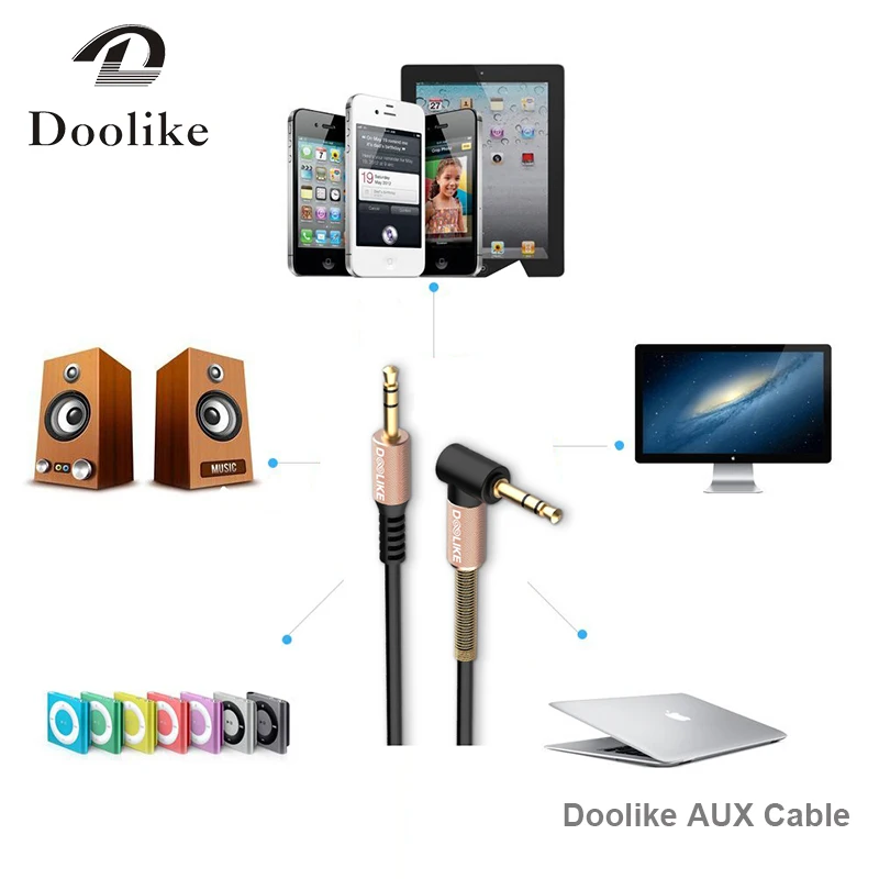 Doolike audio cable cord flat 90 Degree Right Angle Steel Spring 3.5mm aux cable for Headphone mobile phone