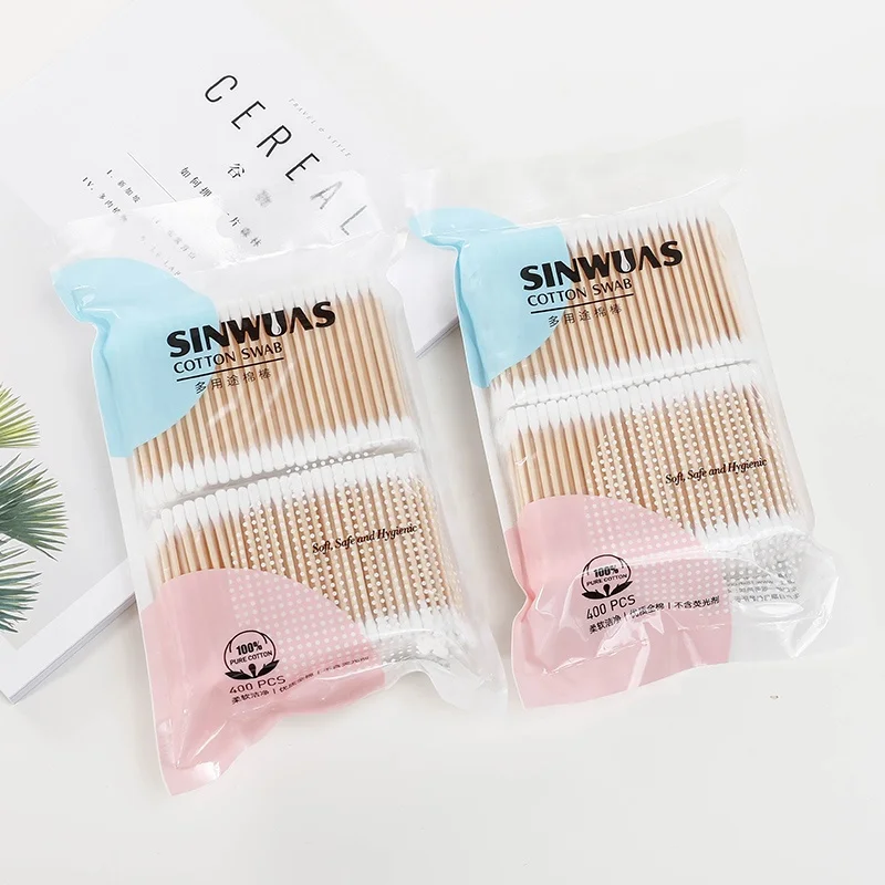 Newest selling disposable soft touch 400pcs multifunctional wood stick ear cleaning cotton tips