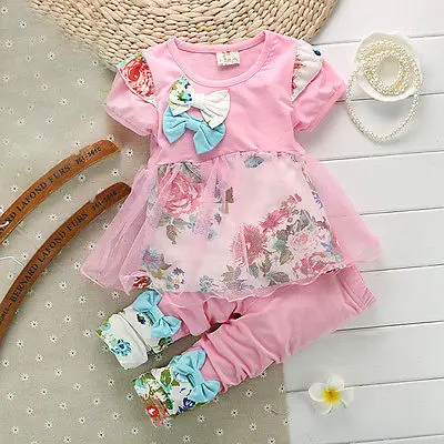 Summer 2015 Baby Girls Kid Lace Bowknot shirts Tops Dress Clothes Pants Outfit