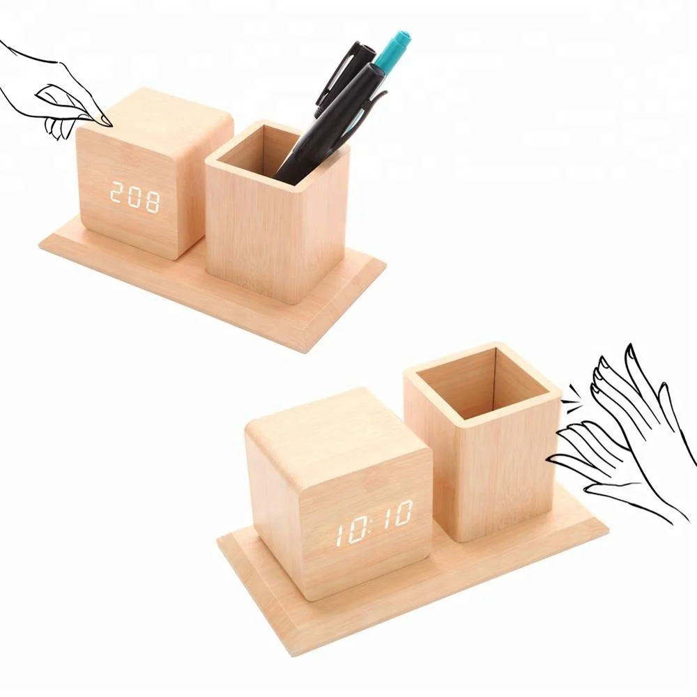 Newest Hot Selling Wooden Led Calendar Time Temperature Voice Control Wood Digital Alarm Clock with Penholder ET544