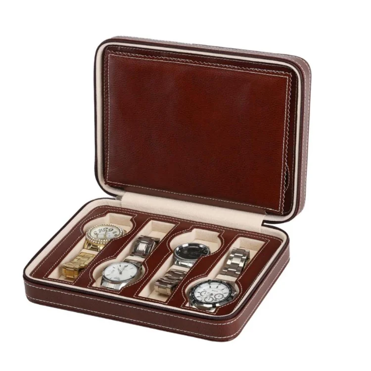 PU Leather 8 Slot MDF Fiber Portable Business Men Organizer Bag Custom Watch Box