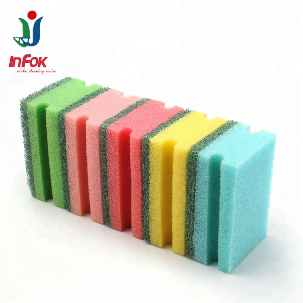 Multiple colour kitchen cleaning grooved sponge scourer