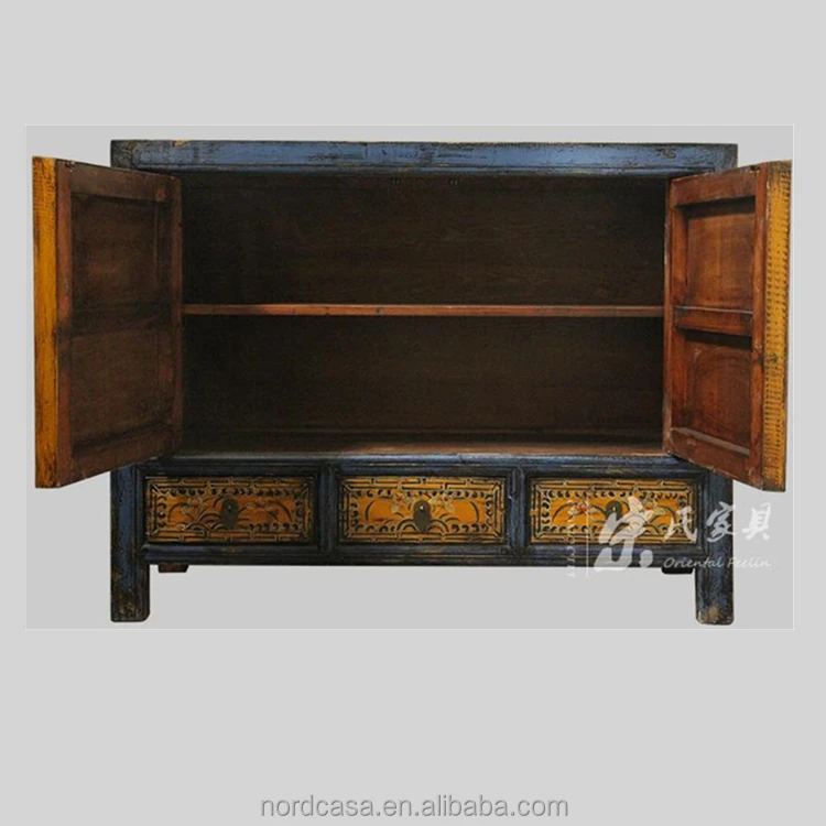 pine wood Mongolia Three Drawer Two Door cabinet