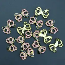 10Pcs Pack Glitter Black Gold Bow 3D Pink Rhinestones For Nail Art Decorations On Gel Polish