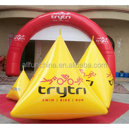 New style yellow inflatable triangular advertising buoys and arch with quality logo printing for water event promotion