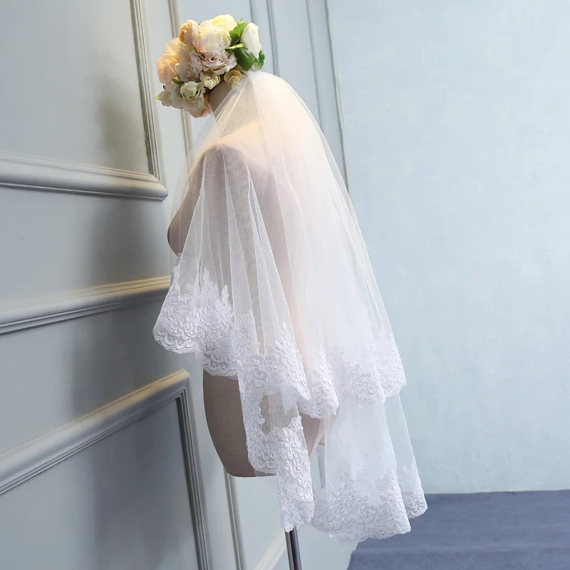 
wholesale top quality short lace two layer Ivory 1.5 meters width 1.5 meters short lace veil for bridal with comb MSVB3 