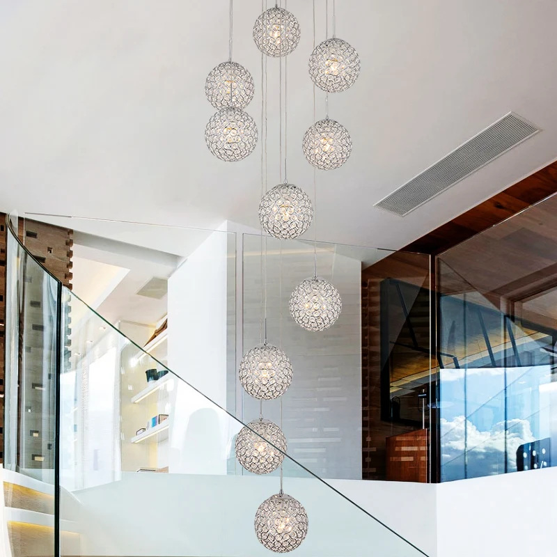American living room penthouse lobby apartment rotating long round ball Crystal staircase chandelier light for home high ceiling
