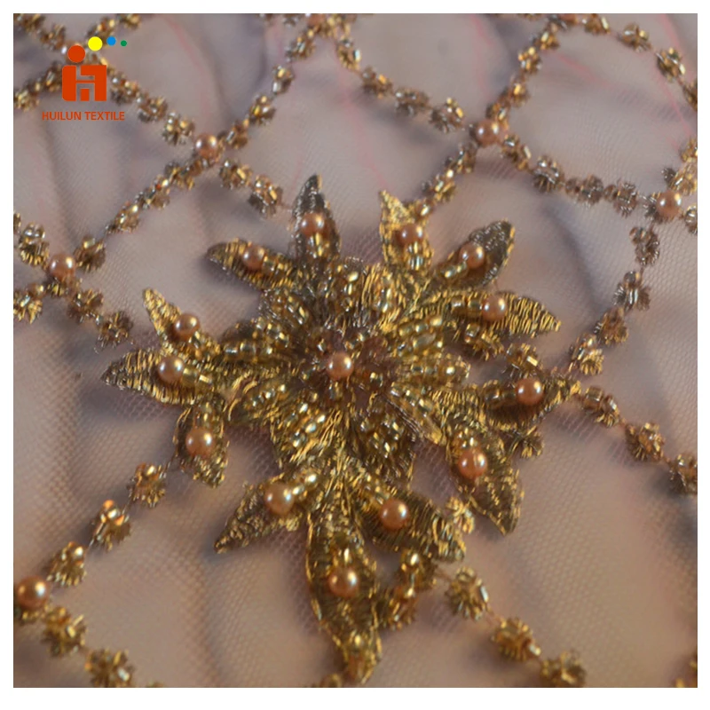HLSD184# recycled polyester hand beaded mesh tulle sequin bead embroidery lace fabric