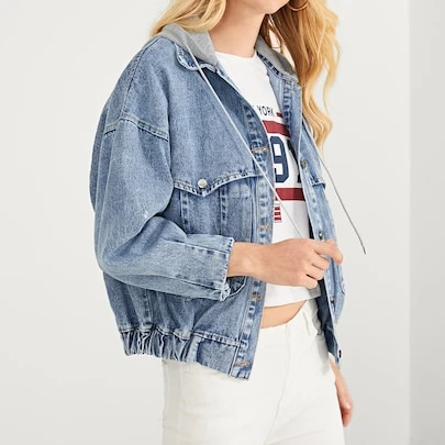 Bleach wash faded hooded women denim jeans jacket