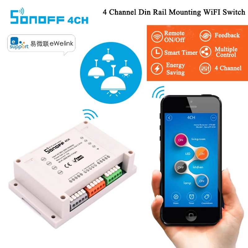Sonoff 4CH R2 Smart WiFi Switch 4-Gang Wireless Switches Din Rail Mounting Home Automation on/off Phone remote control 10A/2200W