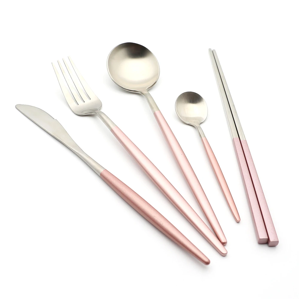 
Flatware manufacturer custom logo hotel wedding 304 Portuguese pink round handle matte gold stainless steel cutlery set 