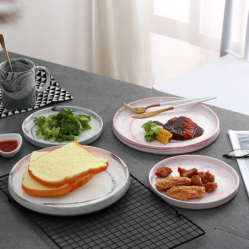 WKTP003 10 inches decorative marble surface pink porcelain ceramic serving dinner pizza charger round plate