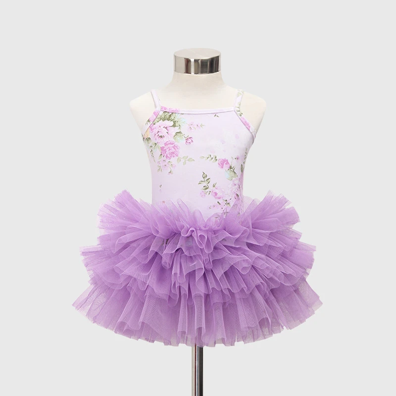 Wholesale Baby Girl Floral Printed Sleeveless Dresses Layers Tutu Lace Dress Tulle Flower Girl Dress
