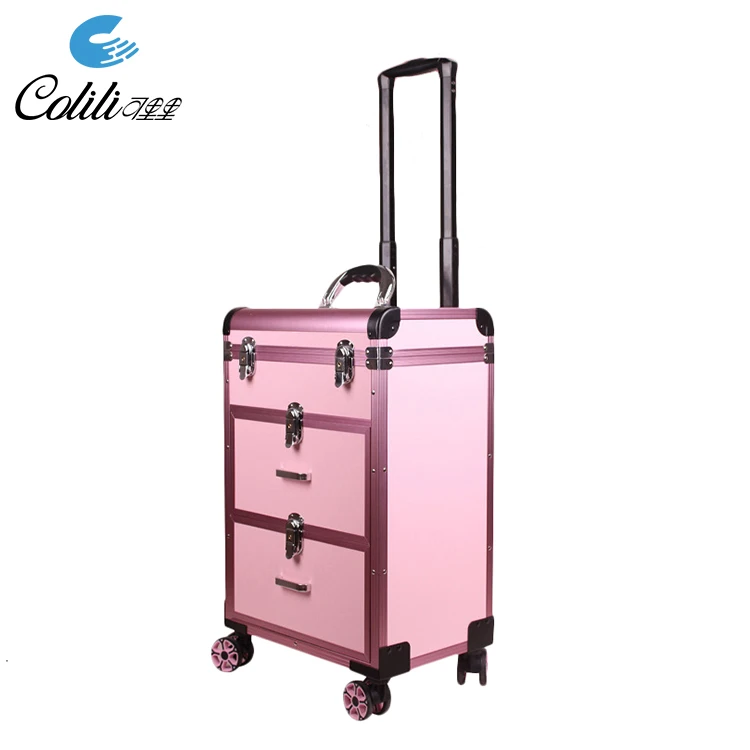 Custom Aluminum Trolley Hairdressing Beauty Nail Polish Case with Draws Wheels