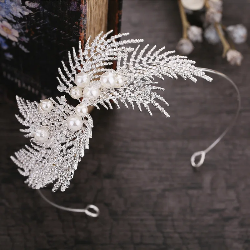 Fashion Crown Glass Stones Silver Zinc Alloy Feather Leather Design Women tiara for Wedding Party Headpiece Accessory
