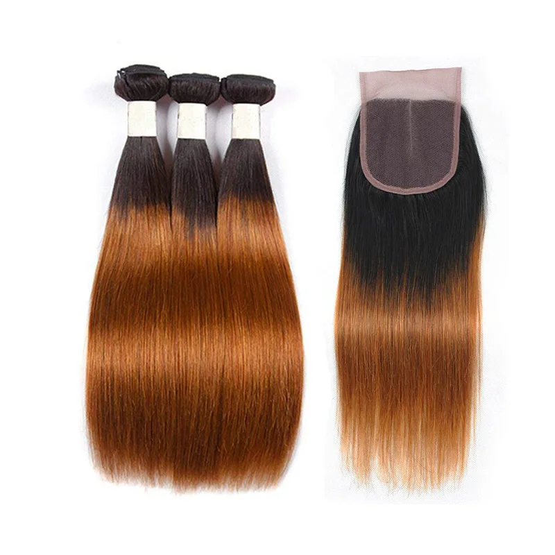 
Colored Brazilian Straight Hair Bundles Closure 1B/30# Ombre Color Human Hair Weave 3 Bundles with Closure 