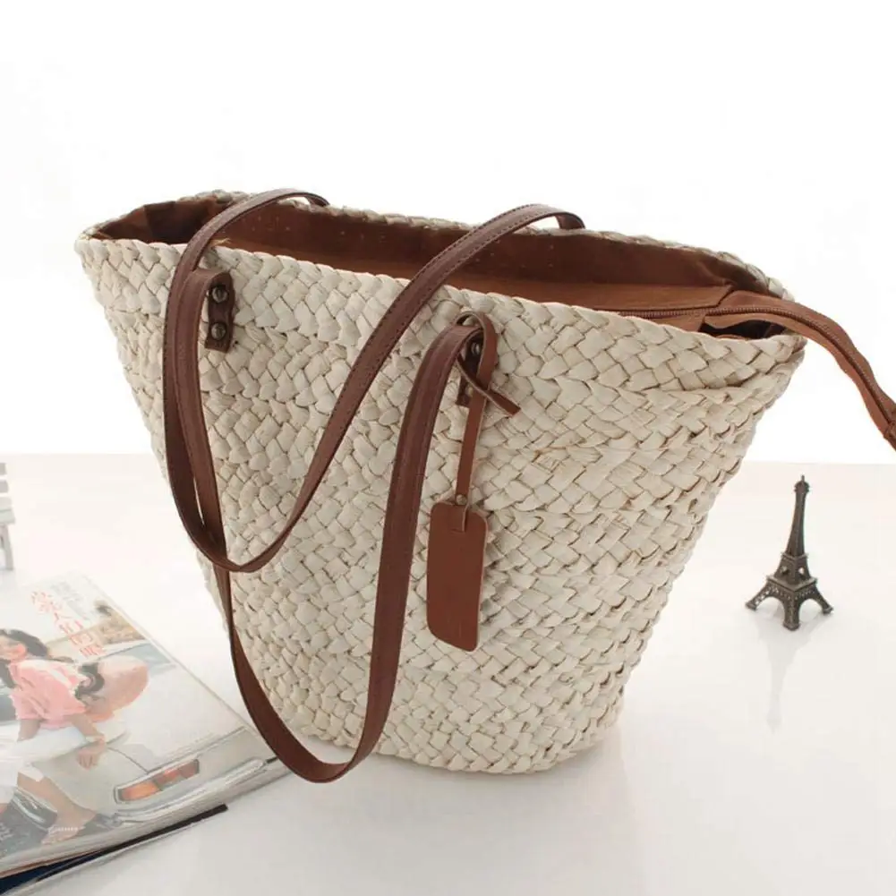 Straw bag leather handles Natural beach straw bag Straw clutch bag