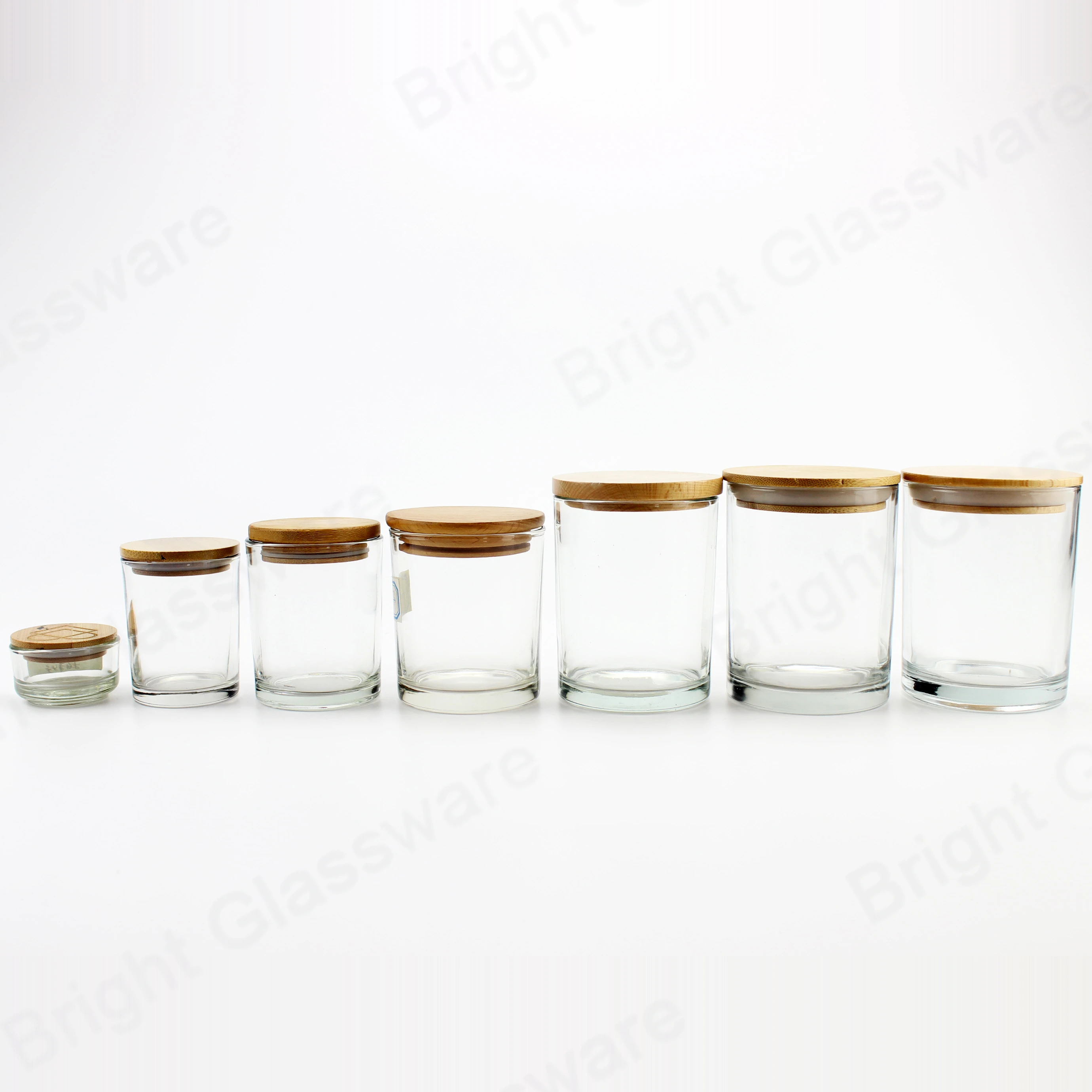 Оптовая продажа пустая Прозрачная Круглая Стеклянная банка для хранения с деревянными крышками