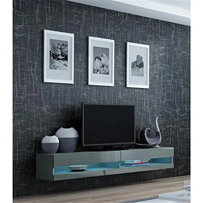 Factory Latest New LED Design TV Floating Wall Mountable Unit High Gloss Fronts Mounted Cabinet TV Stand