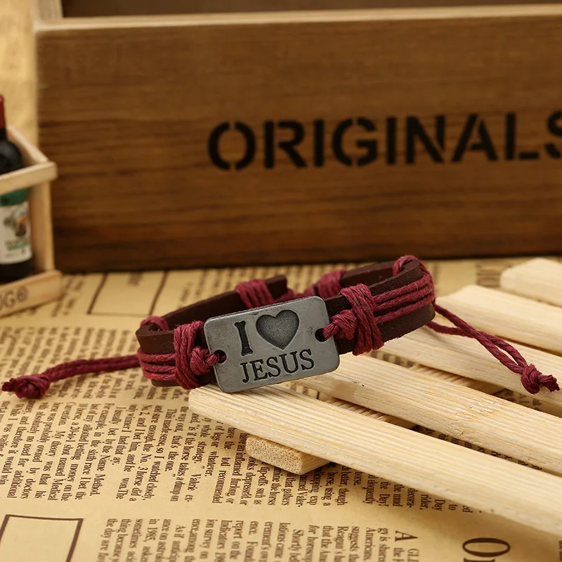 New Classic Unisex Christ I Love Jesus Cord Leather Bracelet For Gift
