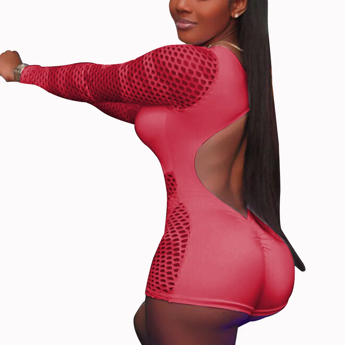 Hollow Out One Piece Thong Bikini Mesh Long Sleeve Swimwear