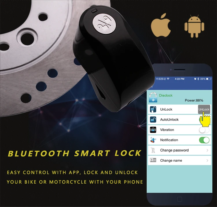 Перезаряжаемые smart bluetooth водонепроницаемый сигнализации замок скутер дисковый тормоз с телефона ПРИЛОЖЕНИЕ управление