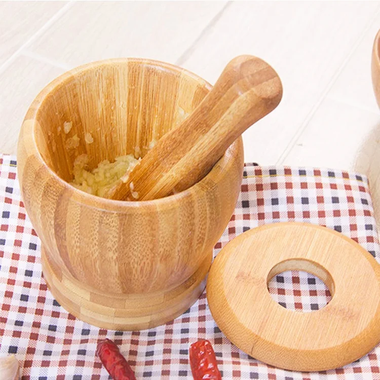 Bamboo Mortar and Pestle Set with Lid Spice Grinder kitchen Cooking Tools for Herb Spice Mixing Grinding Bowl Kitchenware