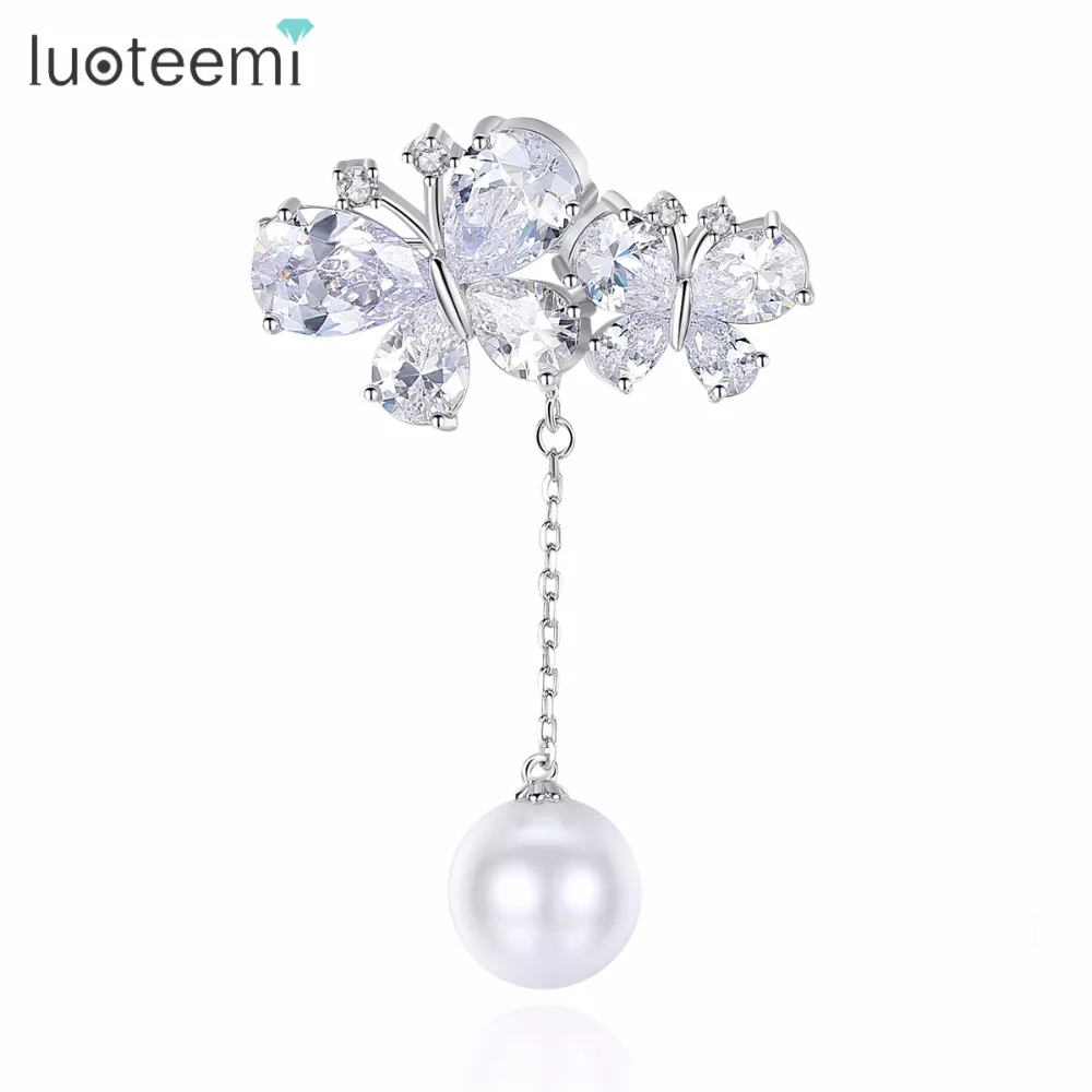 LUOTEEMI New Vivid CZ Crystal Butterfly with Created White Round Pearl Drop Fashion Brooch Pin For Women Wedding Jewellery Gift