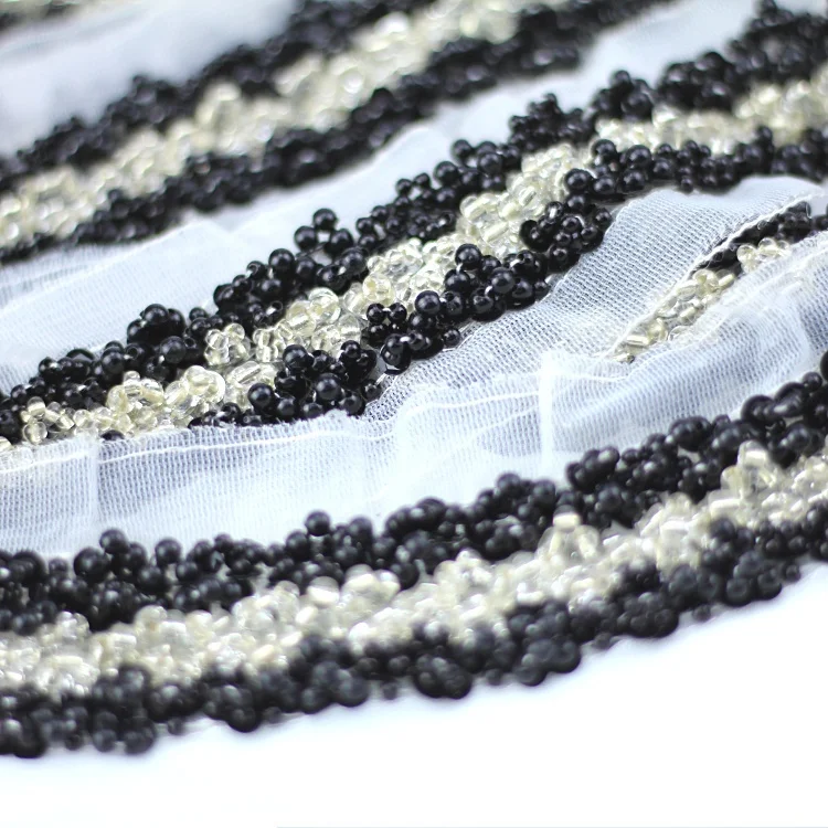 2019 Stock Black White Glass Beaded Fringe Trimming High Quality Hand Beaded Lace Fabric For Wedding Dress Lace