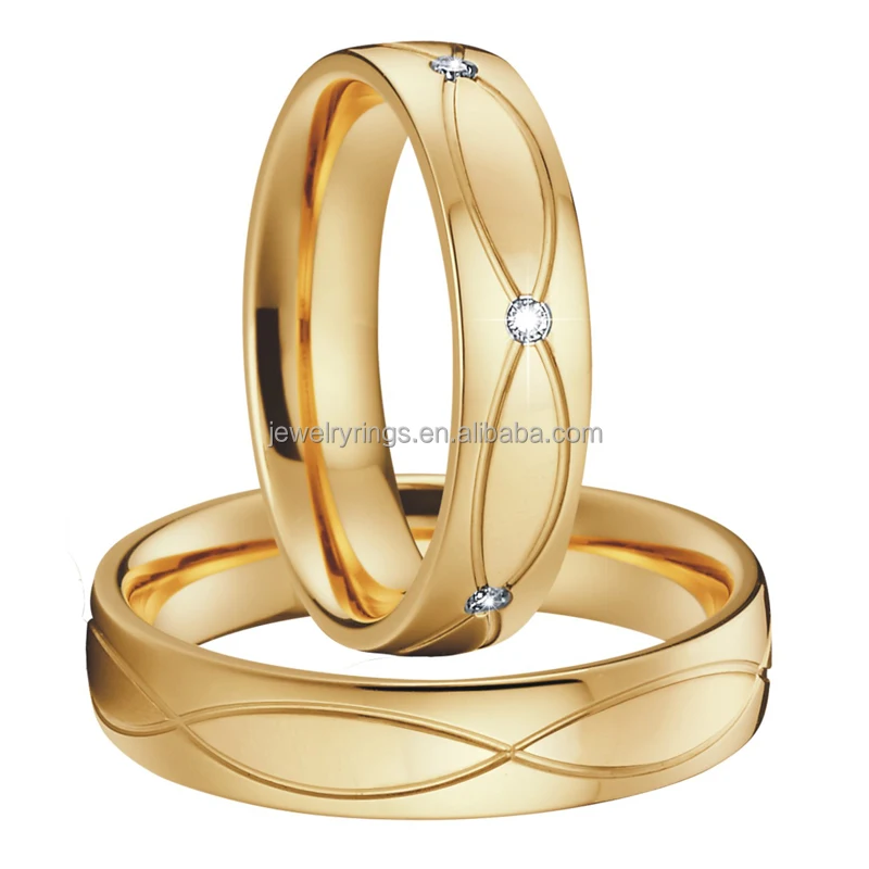 Golden Factory stainless steel ring wedding band bridal promise proposal 24k gold plated couple ring set for men and women