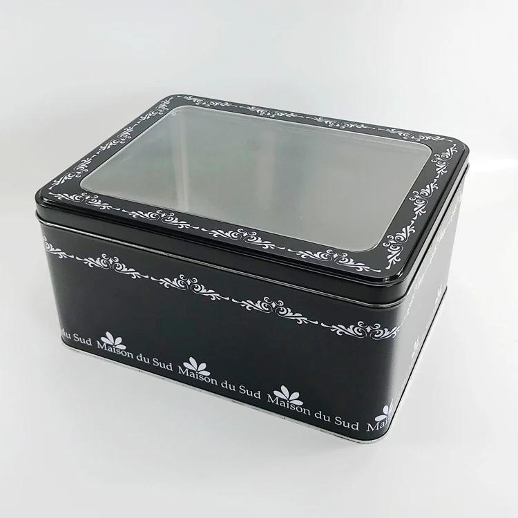 Черная прямоугольная жестяная коробка для печенья с окошком из ПВХ