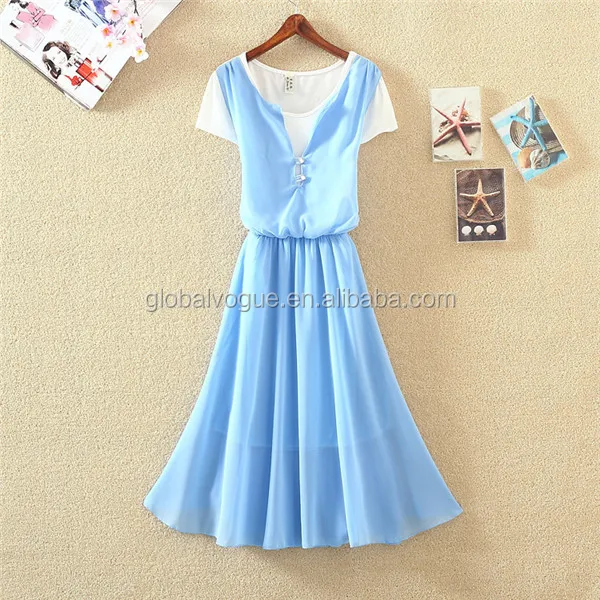 2016 new summer Korean round neck pleated chiffon A-line dress,fake two pieces shortsleeved chiffonwomen fashion dress