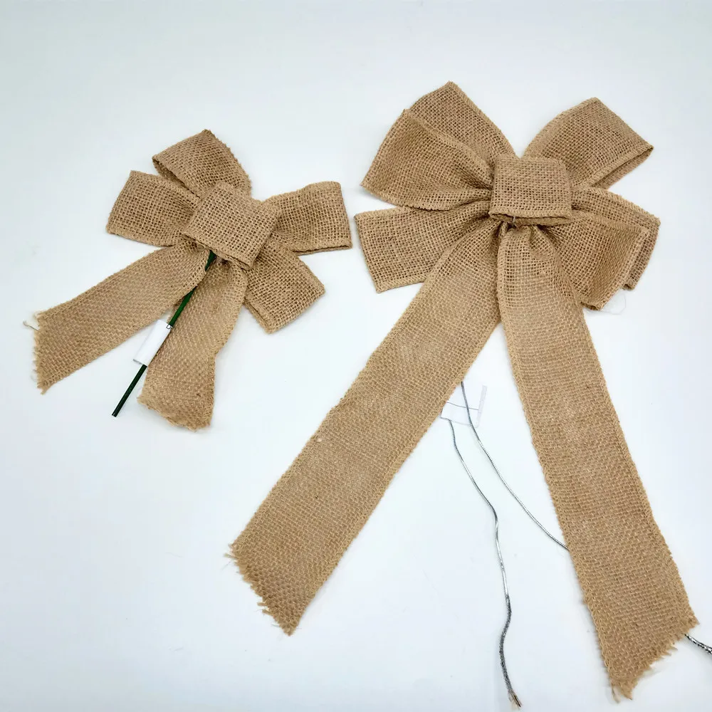 Wholesale Large Decorative Bow Holiday Natural Brulap Pre- Tied Bowknot christmas snowflakes Glow bow tie  With Green Stick